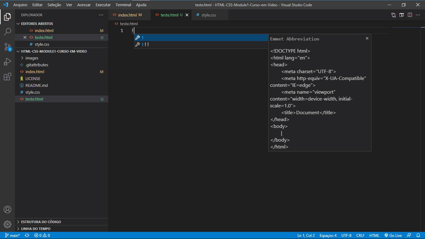 Visual Studio Code screen with Emmet in action.